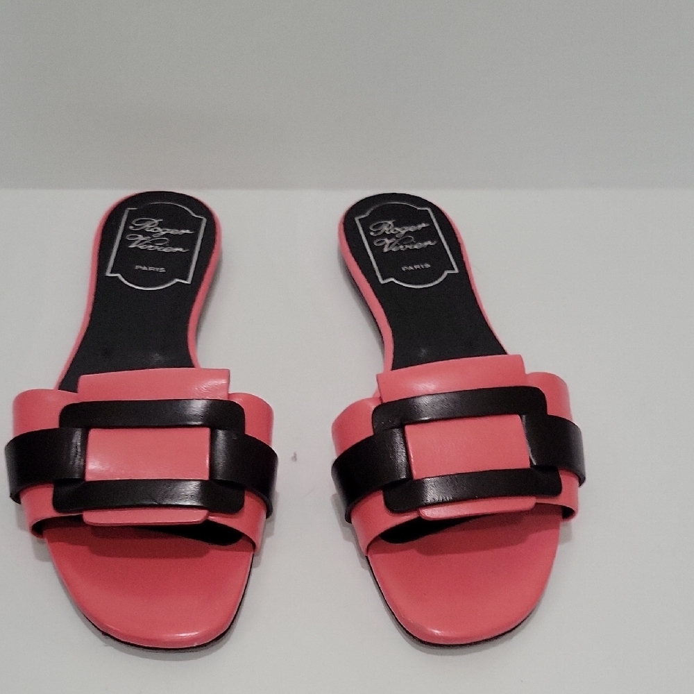 Coral Pink Slide Sandals with Black Strap Detail